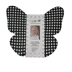 Dolly Parton Butterfly Cutting Serving Board Black White Gingham Wood NEW- flaws